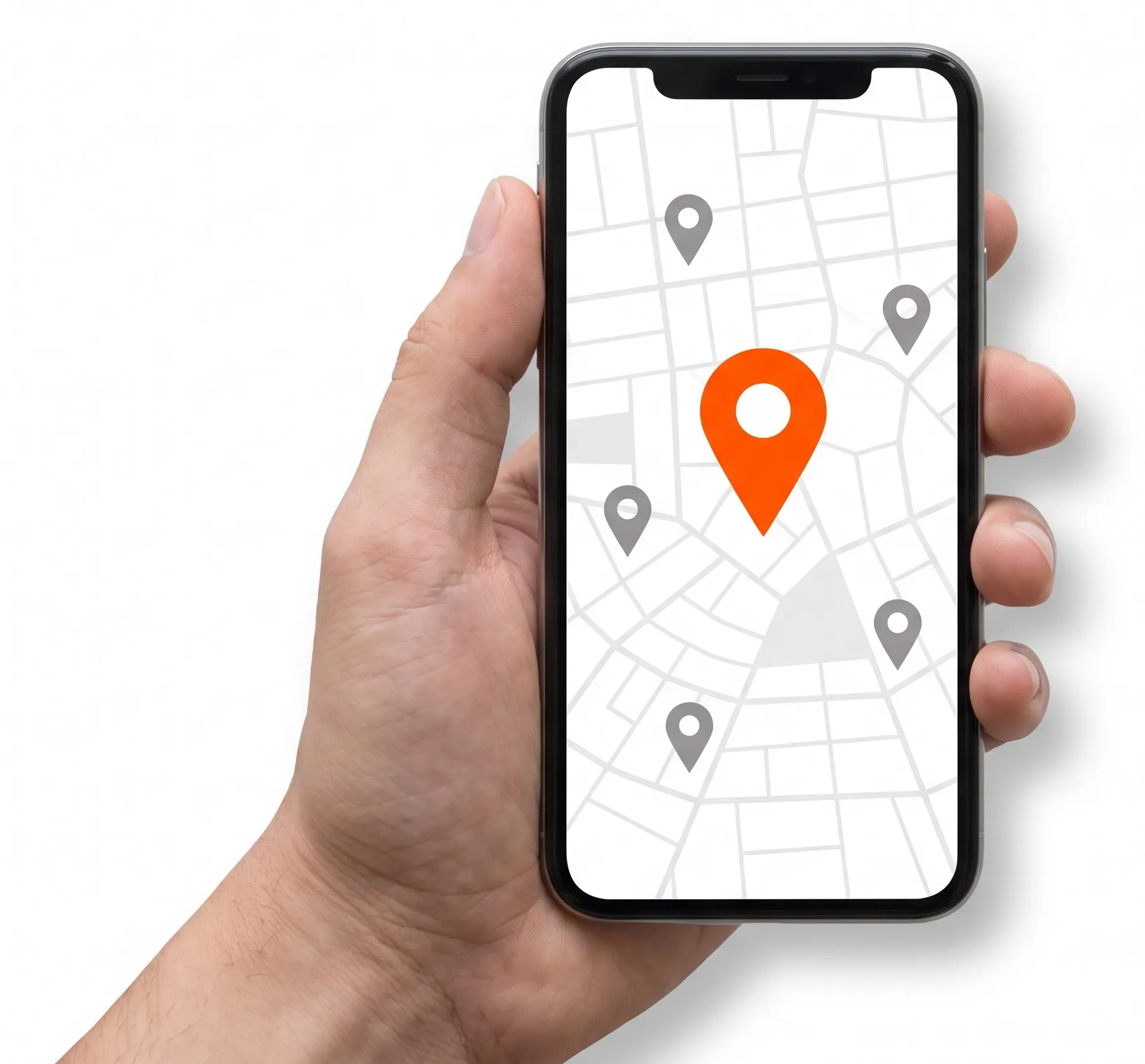 Telefon w dłoni z mapą, na której wyróżniona jest pomarańczowa pinezka firmy
